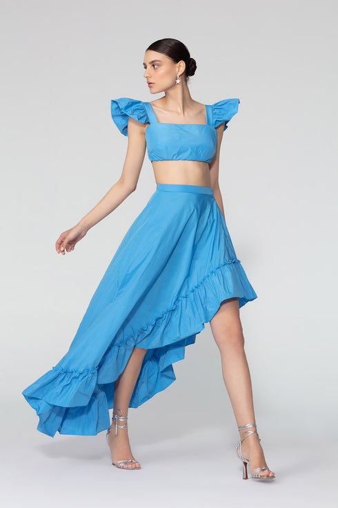 Electric Blue High Waist Asymmetric Flounce Detailed Long Skirt